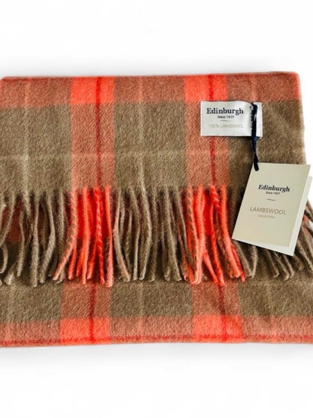 NWT Edinburgh Lambswool Plaid Scarf in Camel and Orange Winter Cozy